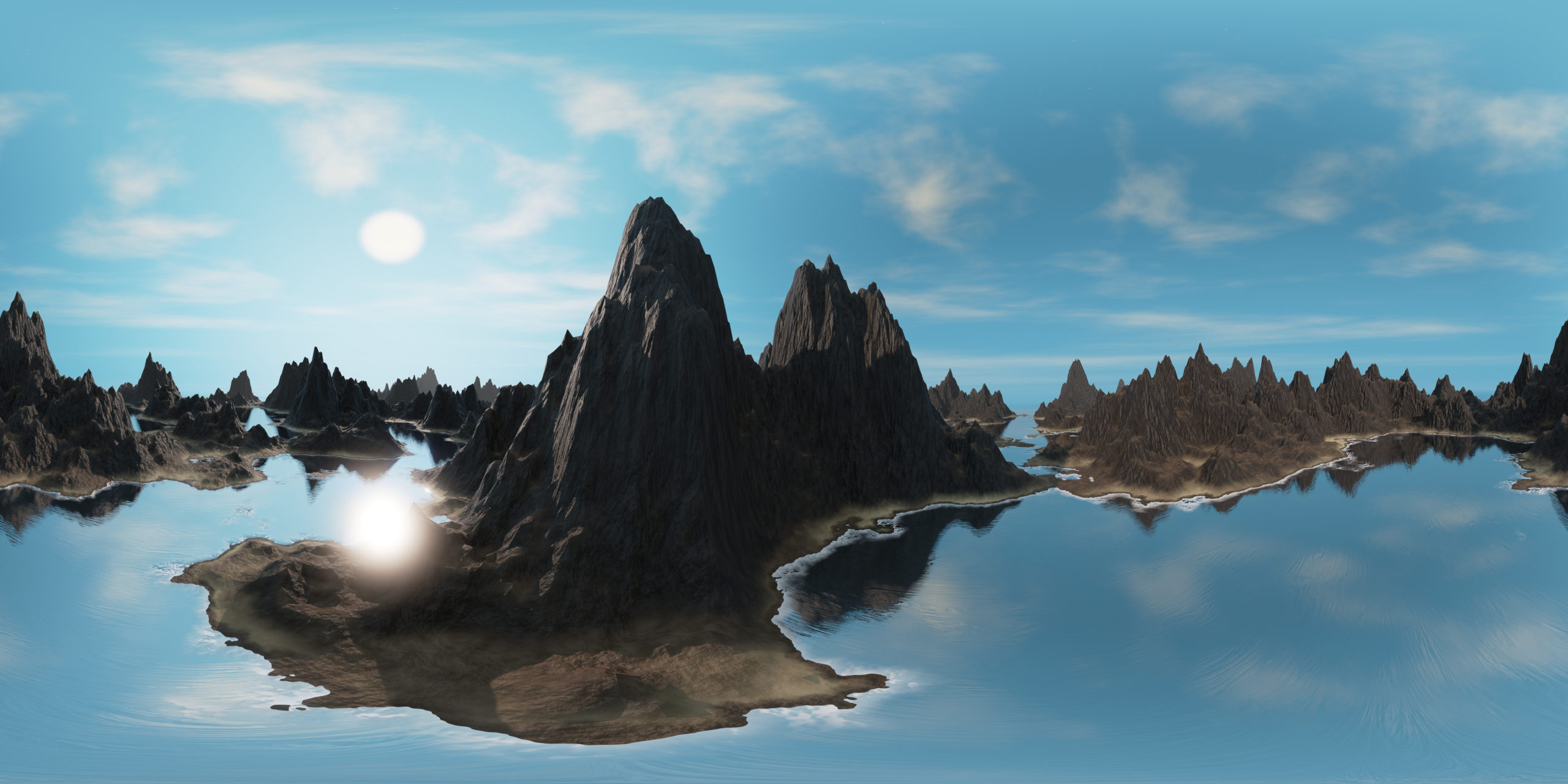 8K HDRI map, ocean landscape, islands with mountains and sandy beaches, realistic 360 degree render for spherical nature background environment, 3d equirectangular panorama