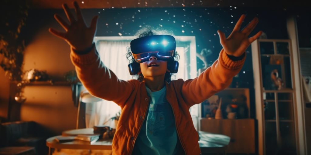 Young boy with virtual reality glasses and smiling. Isolated on bokeh background. Young boy wear vr glasses and play games in home. VR headset, generative ai
